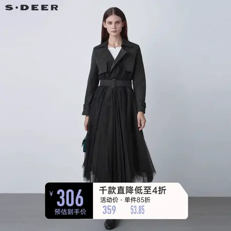 sdeer圣迪奥女装春秋休闲翻领网纱拼接收腰长款外套风衣S21181819🕉商品大图