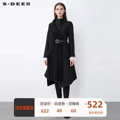 sdeer圣迪奥女装时尚立领针织拼接收腰不规则毛呢大衣S21481865图片