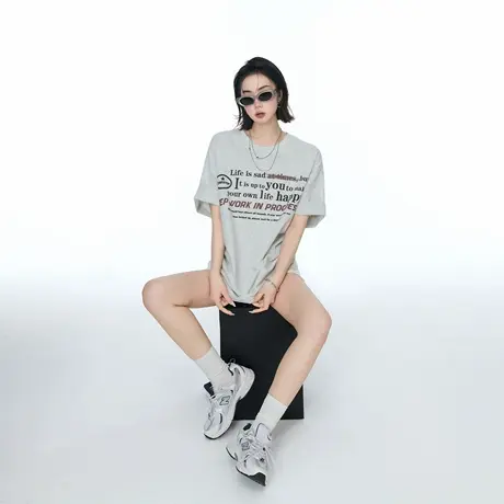 YEP2025夏季新款宽松印花灰色T恤女中性风半袖上衣纯棉美式街头风图片
