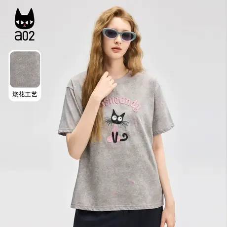 a02宽松圆领短袖女T恤2025新款灰色休闲慵懒风半袖设计感上衣图片
