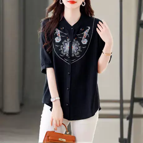 洋气中年妈妈衬衣夏季2025新款爆款国风新中式上衣刺绣短袖衬衫女商品大图