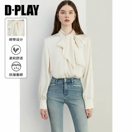 DPLAY2025年春季新品通勤白色立领绑带缎面小衫宽松衬衫上衣女图片