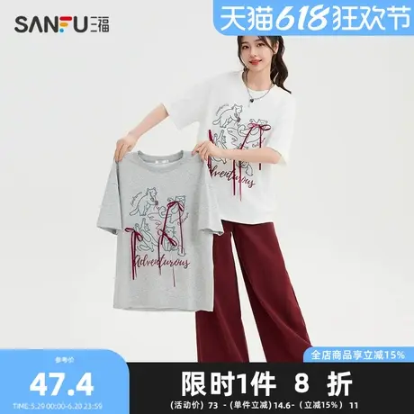 三福短T恤2025夏季猫咪图案蝴蝶结绑带宽松上衣女装494997Z图片