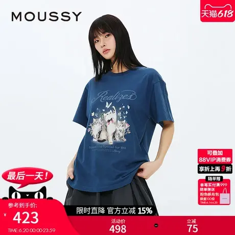 MOUSSY 2025春夏新品复古写意小猫印花宽松短袖T恤028ISZ90-0281图片