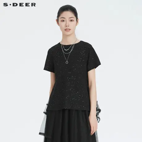 sdeer圣迪奥女装时尚圆领亮片网纱短袖T恤S222Z0135商品大图