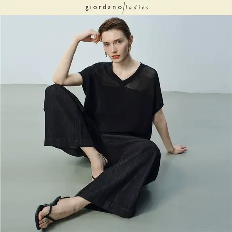 GL女装2025夏季新款华夫格拼接镂空宽松V领蝙蝠袖针织衫02355047商品大图