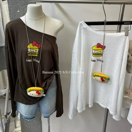 韩国东大门夏季新款减龄汉堡猫咪印花斜肩长袖t恤女宽松慵懒ins潮商品大图