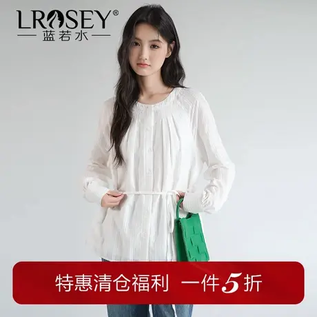 蓝若水大码女装法式风琴褶圆领衬衫胖mm秋装新款宽松显瘦系带上衣商品大图