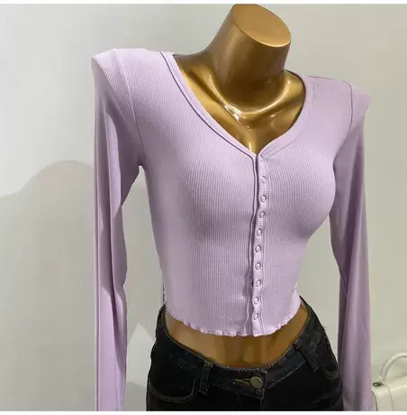 淡雅风～木耳边v领短款开衫紧身长袖气质T恤早秋2021新款上衣女图片