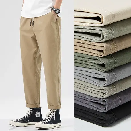 hansca夏季薄款休闲裤男生纯棉宽松直筒松紧腰工装运动九分裤子男商品大图