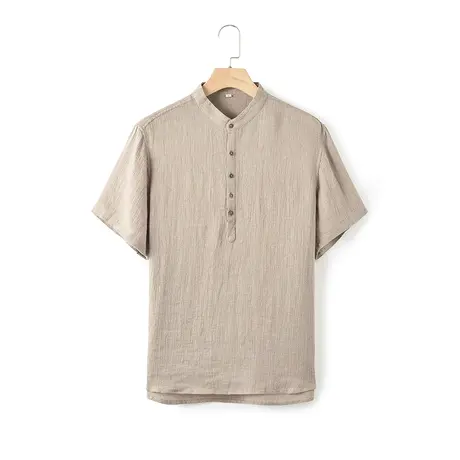 亚麻短袖衬衫男纯色休闲日系复古宽松百搭2024夏季新款男士t恤潮商品大图