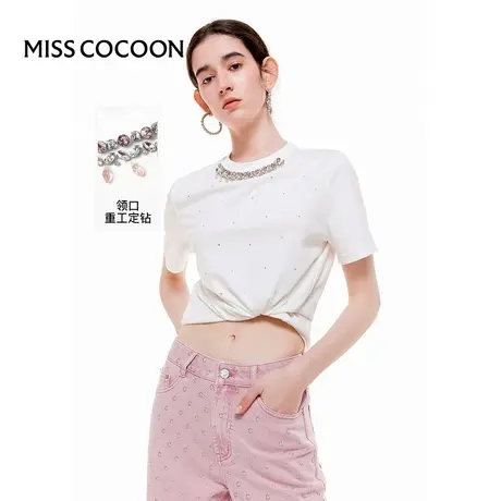 MISS COCOON可可尼冰感面料T恤上衣2025夏季新款白色圆领短袖女商品大图