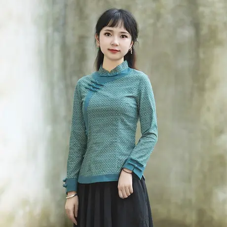 筠雅唐装女中国风棉麻上衣长袖复古秋装年轻款高端复古中式女装商品大图