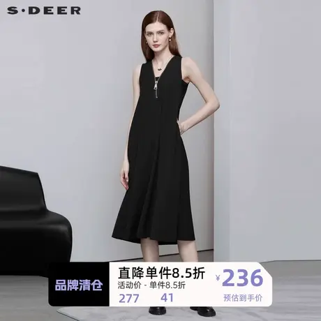 sdeer圣迪奥女装V领肌理褶皱无袖黑色连衣裙S222Z12Y8商品大图