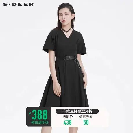 sdeer圣迪奥女装V领裙子质感高级感长裙短袖黑色连衣裙S22261228商品大图