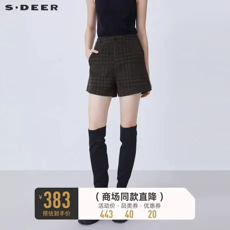 【🐁商场同款】🐂sdeer圣迪奥休闲撞色格纹毛呢A字短裤S21480901商品大图