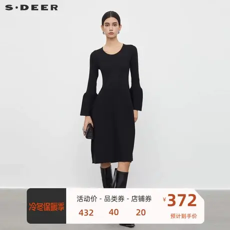 sdeer圣迪奥女装罗纹圆领喇叭袖针织连衣裙S233Z1289商品大图