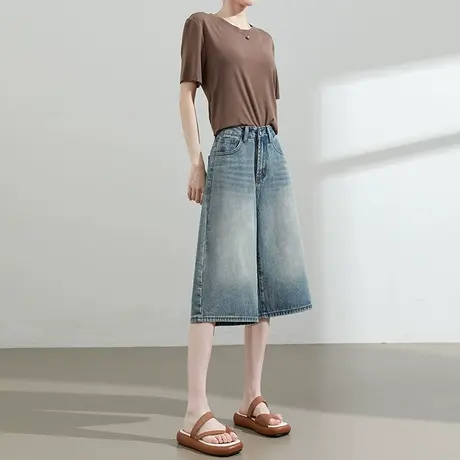 七分阔腿牛仔裤女夏季薄款高腰宽松直筒复古a字小个子六分中裤子图片