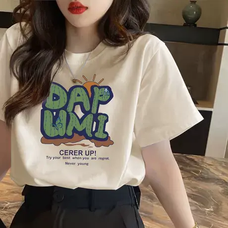 2025新款夏季杏色t恤女短袖宽松欧货纯棉字母仙人掌正肩圆领 上衣图片