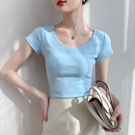 纯棉圆领短袖T恤女2025春季新款修身显瘦内搭打底衫百搭外穿上衣图片