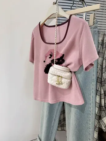 法式方领T恤女装夏季2024新款小众大码短款短袖ins潮正肩辣妹上衣图片