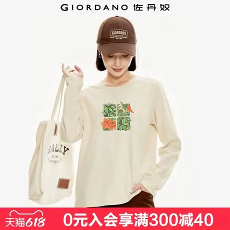 佐丹奴联名T恤女新款纯棉清新森系风印花圆领长袖上衣女99394026图片