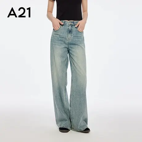 A21女装天蓝色宽松显瘦阔腿裤小个子长裤无弹牛仔裤时尚休闲商品大图