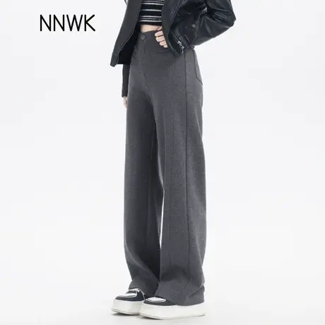 高级灰阔腿镰刀裤羊毛呢裤女2024冬季新款加厚加绒高腰直筒休闲裤图片