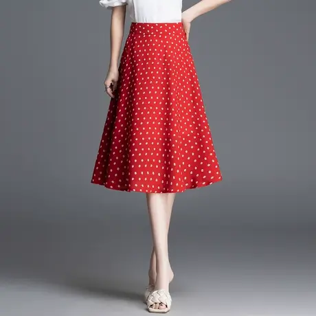 红色波点碎花裙子a字裙女夏季2025新款高腰显瘦半身裙中长款伞裙商品大图