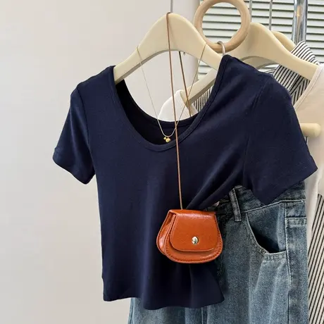 夏季2025新款V领正肩短袖T恤女修身小个子短款韩版甜辣半袖上衣潮图片