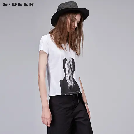 sdeer圣迪奥女装2019夏装黑白抽象人物印花微弹圆领T恤S17280118图片