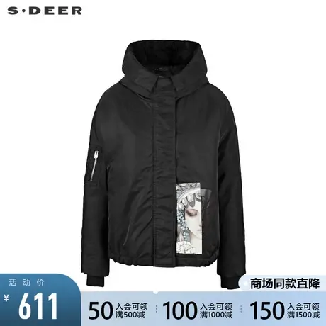 sdeer圣迪奥女装高领连帽撞色印花拼接短款羽绒服S214Z2446图片