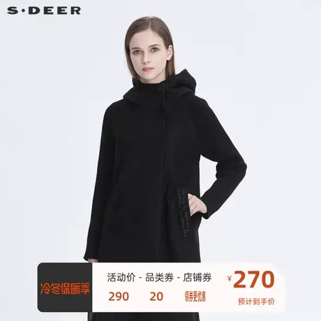 sdeer圣迪奥女装高领连帽字母贴布插肩袖黑色毛呢大衣S194A1790图片
