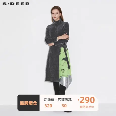 sdeer圣迪奥女装时尚立领撞色印花灯芯绒收腰长款风衣S21381827图片