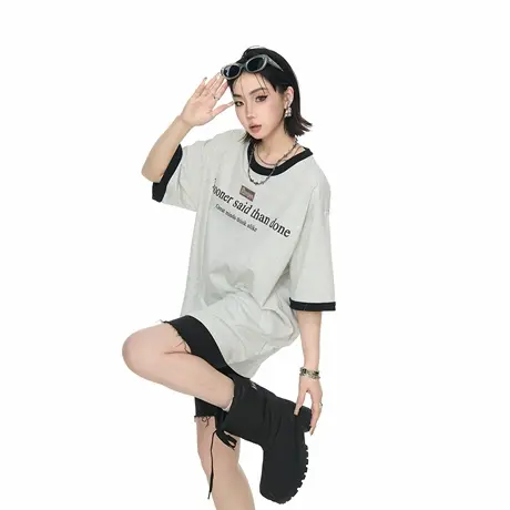 2025新款宽松撞色印花短袖T恤女夏季潮牌情侣款ins街头风半袖上衣图片
