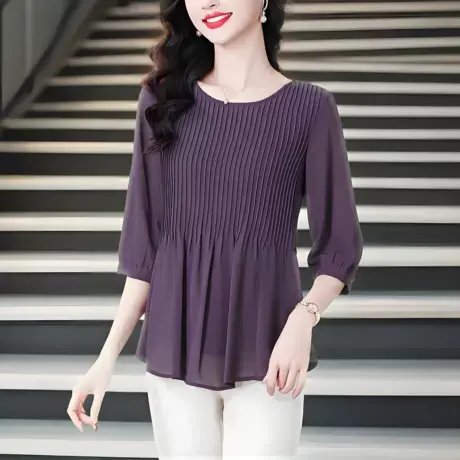 胖mm紫色独特超好看宽松中年妈妈雪纺衫显瘦大码气质高端洋气上衣商品大图