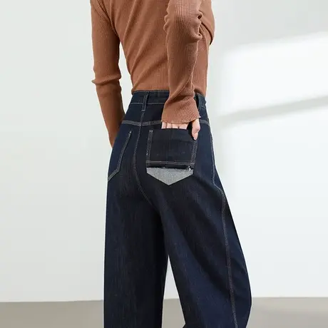 复古牛仔裤女夏季薄款高腰显瘦宽松大码百搭垂感深蓝色直筒阔腿裤商品大图