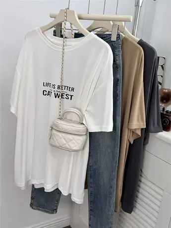 清凉舒适垂感铜氨丝短袖T恤女夏韩版宽松慵懒大码中长款显瘦上衣商品大图