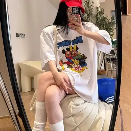韩国东大门夏季款时尚休闲米奇卡通印花宽松垫肩短袖t恤上衣女潮商品大图