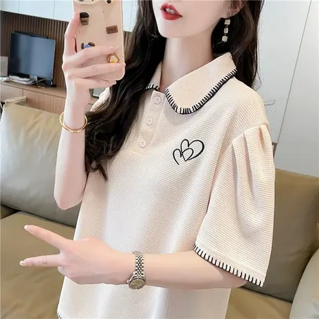 翻领polo衫短袖t恤女夏季韩版宽松大码设计感小众华夫格撞色上衣图片