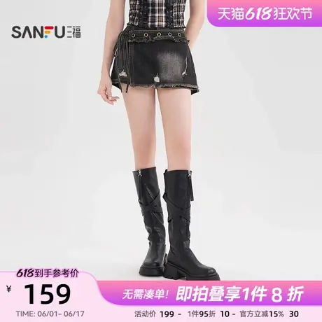 三福裙裤2025新款夏季小个子复古破洞绑带搭片牛仔短裤女装502295商品大图