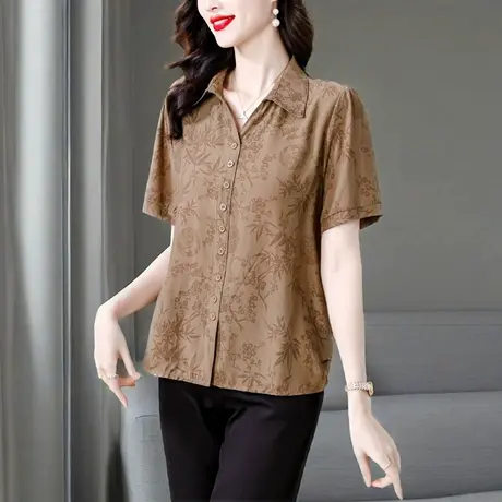 高级感妈妈短袖翻领雪纺衬衫女夏装减龄宽松遮肚显瘦休闲洋气衬衣图片
