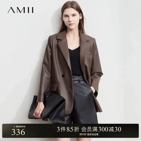 Amii【欧美复古】2024春秋欧美复古风西装廓形PU皮衣外套女图片