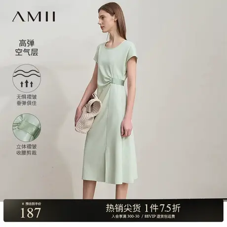 Amii2025夏新款极简通勤职业纯色空气层圆领修身中长弹力连衣裙商品大图
