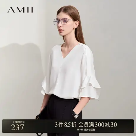 Amii2025夏新款极简纯色V领宽松套头微弹荷叶中袖雪纺衫女款商品大图