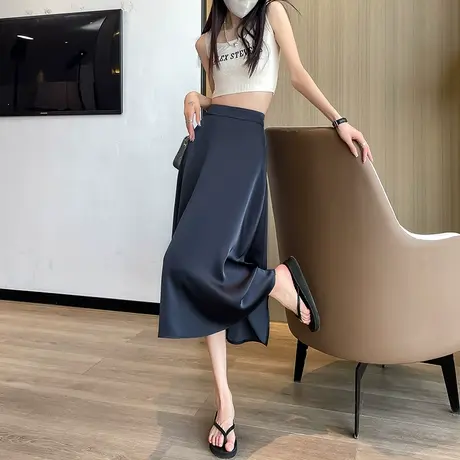 高级灰醋酸缎面半身裙女夏季薄款垂感显瘦A字中长款裙子包臀伞裙商品大图