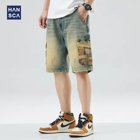 hansca美式黄泥染牛仔短裤男潮牌夏季宽松直筒工装大码破洞五分裤商品大图