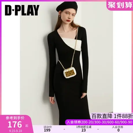 DPLAY秋装通勤时尚黑白撞色不规则斜搭领修身针织连衣裙商品大图