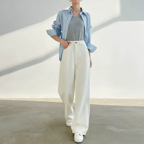 米白色阔腿牛仔裤女2025年春秋新款裤子高腰小个子宽松直筒拖地裤商品大图