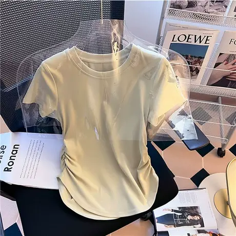 不规则弧形下摆体恤短袖t恤2025女夏季款设计感小众褶皱收腰上衣图片